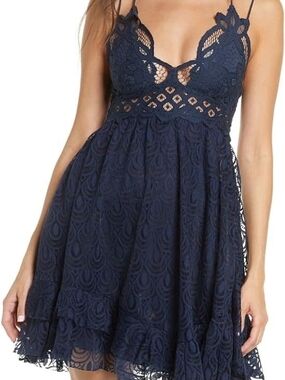 Free People Adelle Burnout Navy Lace Spaghetti-Strap Mini Dress